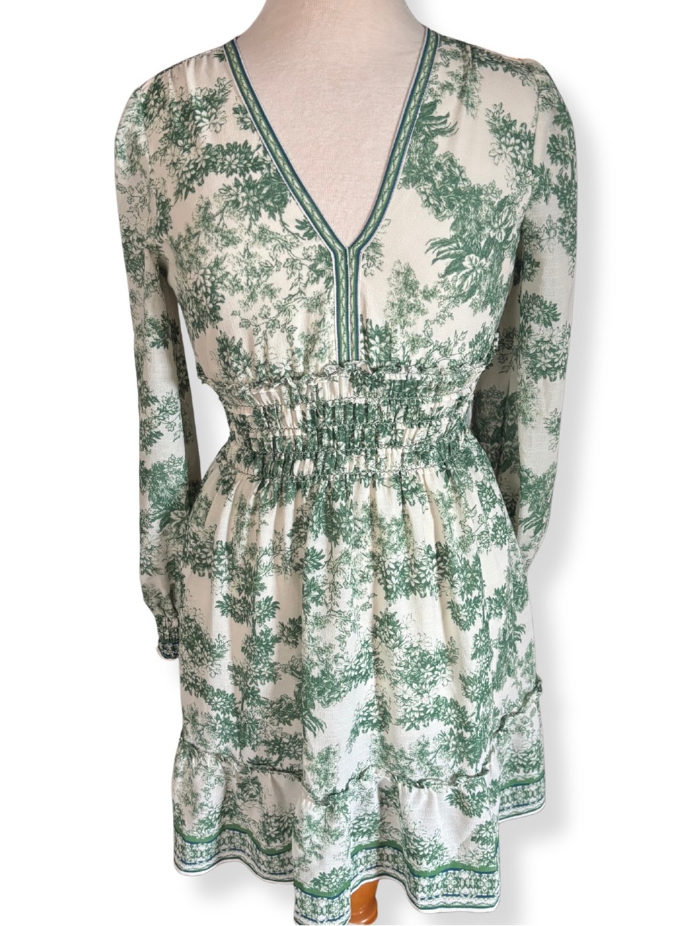Max Studio London Toile Print Smocked Mini Dress XS Green Boho Cottagecore